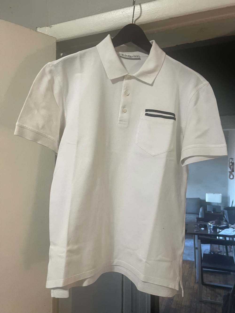 GIVENCHY White Polo Shirt with Black Pocket Stripes with designer logo